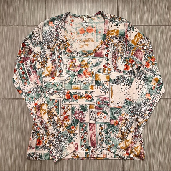 Rare 1970s vintage floral flowers print art nouveau long sleeve top geometric - Picture 5 of 13